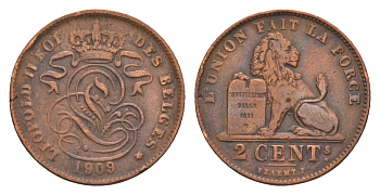 Бельгия 2 сантима 1909 Des Belges, Леопольд II (1865-1909) KM 35 медь 4658-759