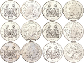 Сьерра-Леоне полный набор из 6 монет (1 доллар) 2009-2011 Обезьяны - Мартышка диана, Капуцин, Шимпанзе, Орангутан, Горная горилла, Чернорукий гиббон KM 364, 365, 366, 367, 368, 369 медно-никель BU N3-35