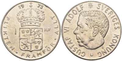 Швеция 1 крона 1973 U, Густав VI Адольф (1950-1973) KM 826a медь плакированный медно-никелем 4150-356