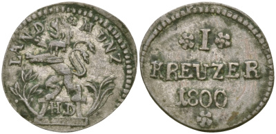 Гессен-Дармштадт 1 крейцер 1800 HD. Людвиг X (1790-1806) KM 255 серебро 99-1013