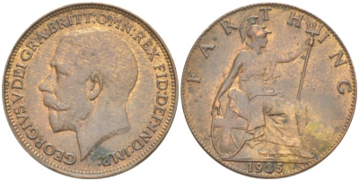 Великобритания 1 фартинг 1925 Георг V (1910-1936) KM 808.2, Spink 4060 бронза 4543-1034