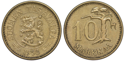ФИНЛЯНДИЯ 10 МАРОК 1958 H, WIDE 1 KM 38 алюминиевая бронза 3334-1017