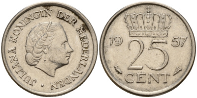 Нидерланды 25 центов 1957 Юлиана (1949-1980) KM 183 никель    4598-361