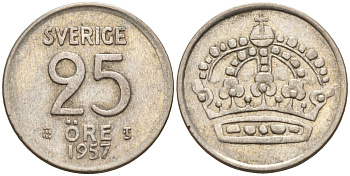 Швеция 25 эре 1957 TS, Густав VI Адольф (1950-1973) KM 824 серебро 4147-1056