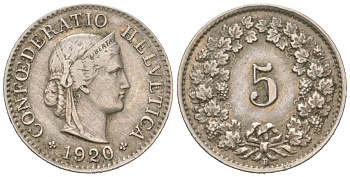 Швейцария 5 раппенов 1920 B KM 26 медно-никель 4160-965