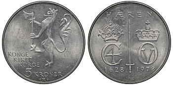 Норвегия 5 крон 1978 350 лет Норвежской армии KM 423 медно-никель UNC 81-743