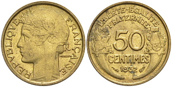 ФРАНЦИЯ 50 САНТИМОВ 1932 ТИП MORLON, OPEN 9, С ЯГОДОЙ KM 894.1, LE FRANC 192.7 алюминиевая бронза 44-669