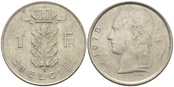 Бельгия 1 франк 1975 Belgie, Бодуэн I (1951-1993) KM 143.1 медно-никель 119-634
