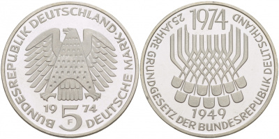 ФРГ 5 марок 1974 F, 25 лет со дня принятия конституции ФРГ KM 138, J.413 серебро PROOF 650-1324