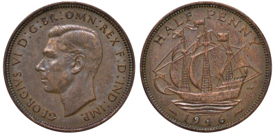 Великобритания 1/2 пенни 1946 Георг VI (1936-1952) KM 844, Spink 4115 бронза 4122-811