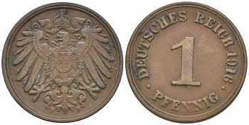 ГЕРМАНИЯ 1 ПФЕННИГ 1916 F KM 10, J. 10, Weege 2 медь 206-449