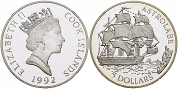 ОСТРОВА КУКА 5 ДОЛЛАРОВ 1992 ПАРУСНИК АСТРОЛАБ, ВЕС 10 ГР. KM 160 серебро PROOF 02-251-15