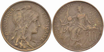ФРАНЦИЯ 10 САНТИМОВ 1899 ТИП ДАНИЭЛЬ ДЮПЮИ KM 843, LA FRANC 136.8 бронза 109-133