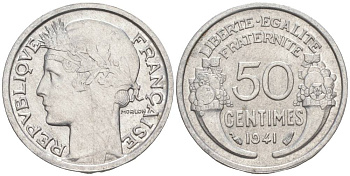 ФРАНЦИЯ 50 САНТИМОВ 1941 ТИП MORLON LOURDE KM 894.1a, LE FRANC 193.2 алюминий 44-224