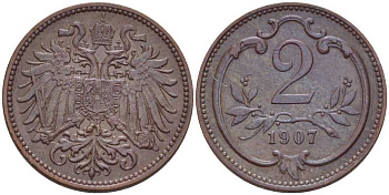 АВСТРИЯ 2 ГЕЛЛЕРА 1907 ФРАНЦ ИОСИФ (1846-1918) KM 2801 бронза 201-329