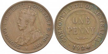 АВСТРАЛИЯ 1 ПЕННИ 1924 ГЕОРГ V KM 23 бронза 3457-441