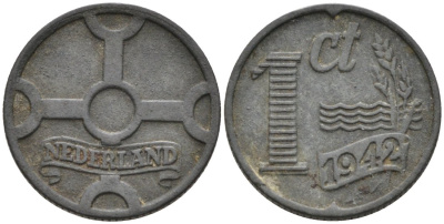 Нидерланды 1 цент 1942 Вильгельмина (1890-1948) KM 170 цинк 51-2324