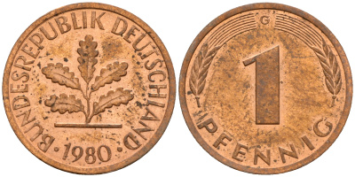 ФРГ 1 пфенниг 1980 G KM 105, J. 380 сталь плакированная медью    4598-614