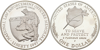 США 1 доллар 1997 Р, Национальный мемориал сотрудников правоохранительных органов KM 281 серебро PROOF 00-00