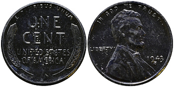 США 1 цент 1943 S (Сан-Франциско), Авраам Линкольн KM 132 a сталь плакированная цинком 4392-1156