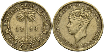 Британская Западная Африка 1 шиллинг 1939 Георг VI (1937-1952), пальма KM 23 никель латунь 27-1041
