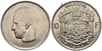 Бельгия 10 франков 1977 Belgique, Бодуэн I (1951-1993) KM 155.1 никель 4599-236