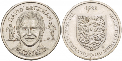 АНГЛИЯ ЖЕТОН СПОРТИВНЫЙ 1998 ПОЛУЗАЩИТНИК, DAVID BACKHAM белый металл 4544-833