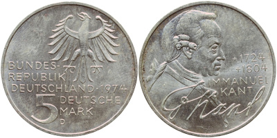ФРГ 5 марок 1974 D, 250 лет со дня рождения Иммануила Канта KM 139 серебро aUNC 1522-245