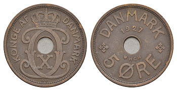 Дания 5 эре 1927 HCN, Кристиан X (1912-1947) KM 828 бронза 4657-223