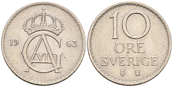 Швеция 10 эре 1963 U, Густав VI Адольф (1950-1973) KM 835 медно-никель 192-155