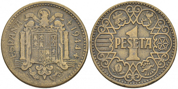 ИСПАНИЯ 1 ПЕСЕТА 1944 НАЦИОНАЛЬНОЕ ПРАВИТЕЛЬСТВО (1939-1947) KM 767 алюминиевая бронза 4519-1053