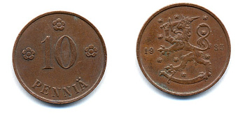 Финляндия 10 пенни 1935 республика (1918-1962) KM 24 медь 51-5451
