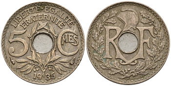 Франция 5 сантимов 1935 KM 875 медно-никель 4596-626
