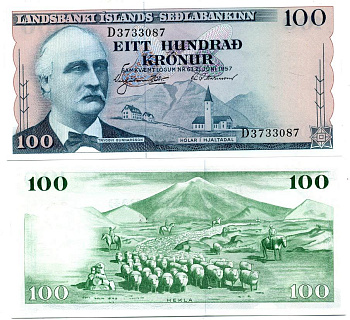 Исландия 100 крон 1957 Триггви Гуннарссон, вулкан Гекла Pick 40 a бумага UNC (пресс) 7200-14-3