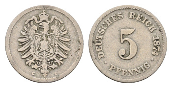 Германия 5 пфеннигов 1874 C, Вильгельм I (1871-1888) KM 3, J. 3 медно-никель 4632-611