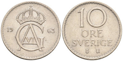 Швеция 10 эре 1963 U, Густав VI Адольф (1950-1973) KM 835 медно-никель 192-155
