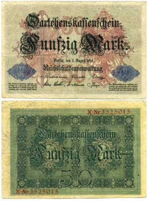 ГЕРМАНИЯ 50 МАРОК 1914 5 АПРЕЛЯ 1914, СЕМИЗНАЧНЫЙ НОМЕР Pick 49b бумага 7198-26-3-1