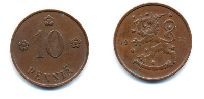 Финляндия 10 пенни 1935 республика (1918-1962) KM 24 медь 51-5451