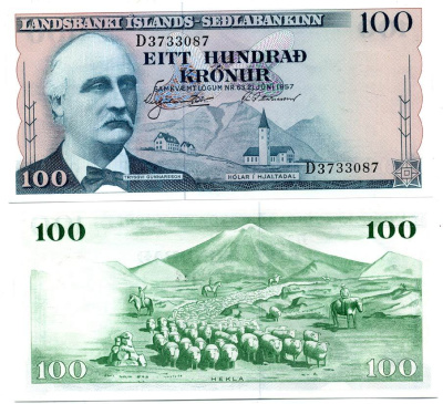Исландия 100 крон 1957 Триггви Гуннарссон, вулкан Гекла Pick 40 a бумага UNC (пресс) 7200-14-3
