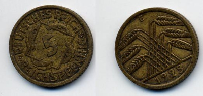 ГЕРМАНИЯ 5 РЕНТЕНПФЕННИГОВ 1925 E J. 316 KM 39 алюминиевая бронза 36-512