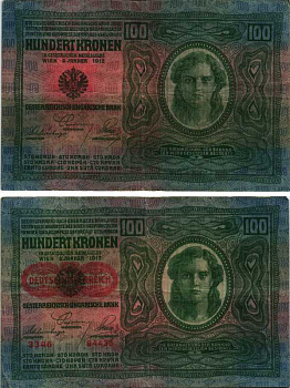 Австрия 100 крон 1912 (1919) красная надпечатка на Pick 12, на аверсе Pick 56 a бумага 7487-71-2