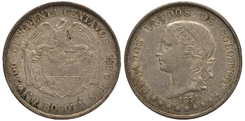 Колумбия 50 сентаво 1874 монетный двор Богота, Соединенные штаты Колумбии, маленький текст KM 177.1 серебро 00-803-61