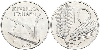 Италия 10 лир 1970 R, колосья, плуг KM 93 алюминий UNC 86-817