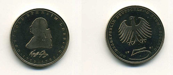 ФРГ 5 марок 1981 J, 200 лет со дня смерти Готхольда Эфраима Лессинга KM 154, J.429 медно-никель плакированный никелем плакированный никелем UNC 71-1651