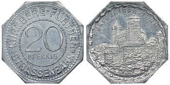 Германия, Нюрнберг - Фюрт 20 пфеннигов ND трамвайный жетон, пятиугольная башня алюминий UNC 4119-636