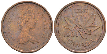 Канада 1 цент 1983 Елизавета II (1952-2022), кленовый лист KM 132 бронза 4609-211