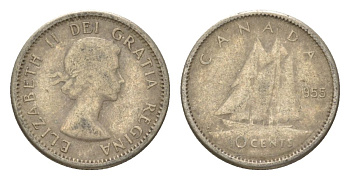 Канада 10 центов 1955 Елизавета II (1952-2022), парусник KM 51 серебро     4623-869
