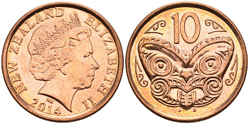 Новая Зеландия 10 центов 2014 маска Маори, Елизавета II (1952-) KM 117а сталь плакированная медью 67-234