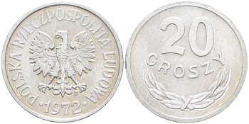 ПОЛЬША 20 ГРОШЕЙ 1972 MW KM А47 алюминий 4516-743