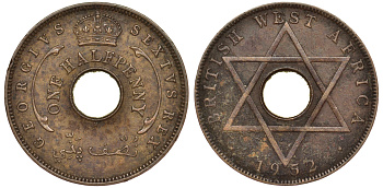 Британская Западная Африка 1/2 пенни 1952 H, Георг VI KM 27a бронза 25-1432
